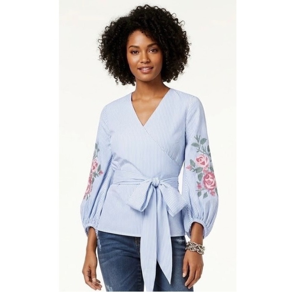 INC International Concepts Blue White Striped Floral Embroidered Wrap Top M